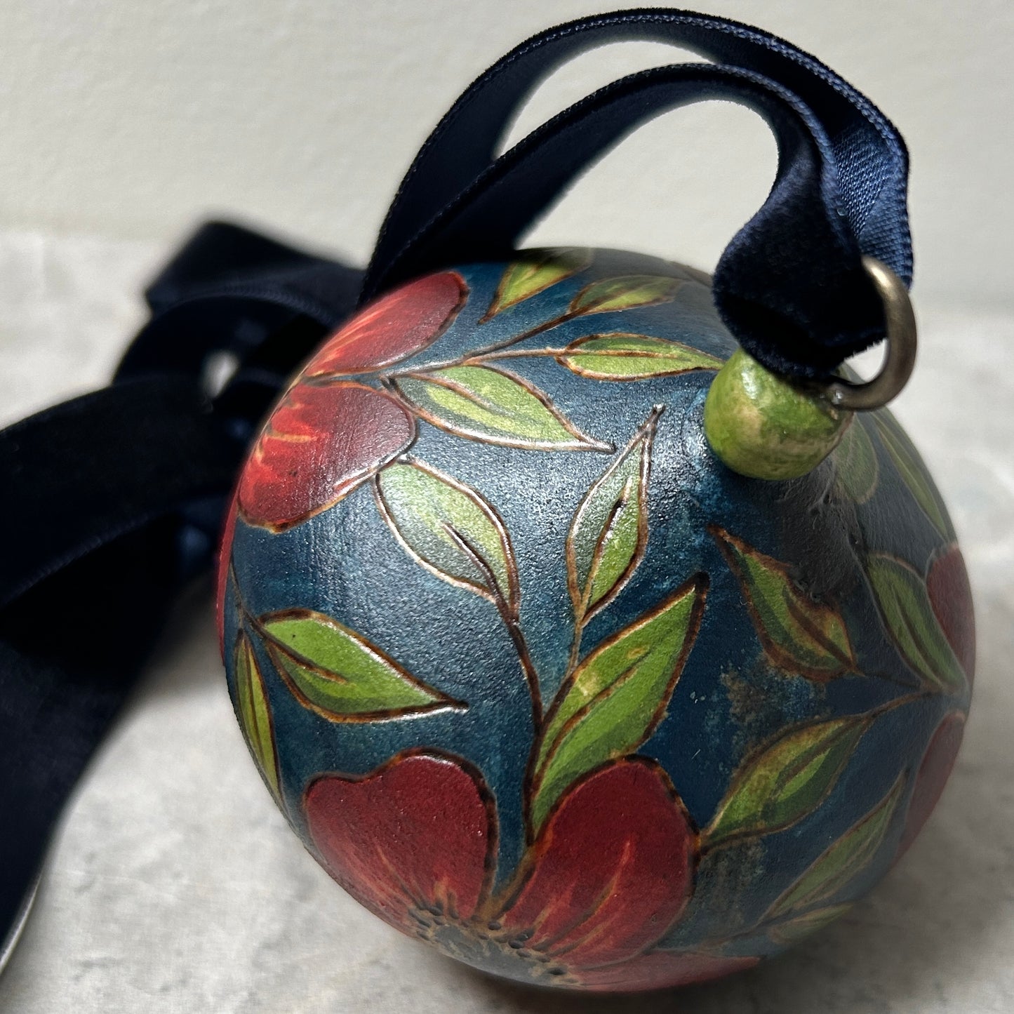 Red Floral Wood Turned Bauble Ornament