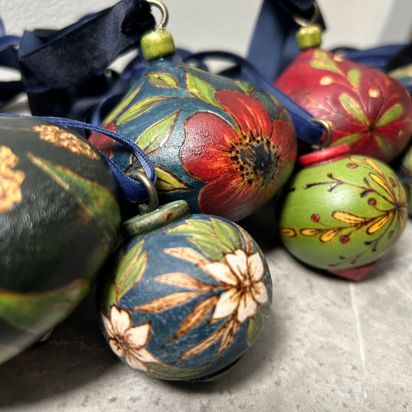 Red Floral Wood Turned Bauble Ornament