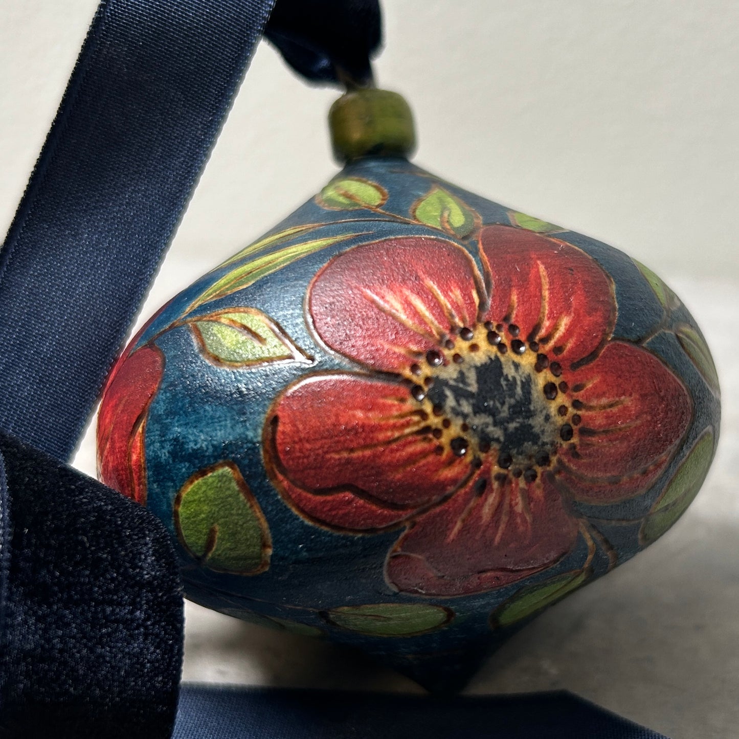 Red Floral Wood Turned Bauble Ornament