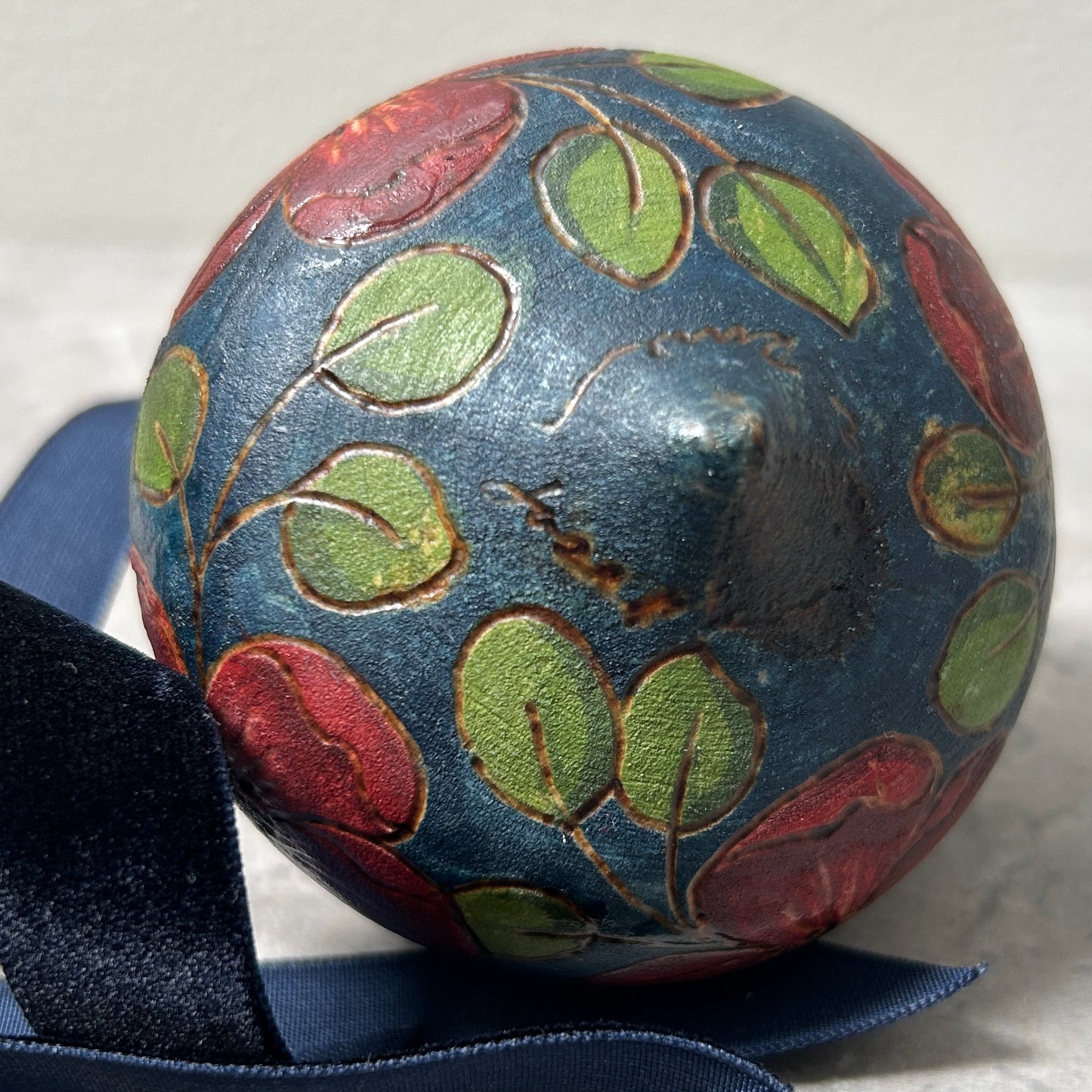 Red Floral Wood Turned Bauble Ornament