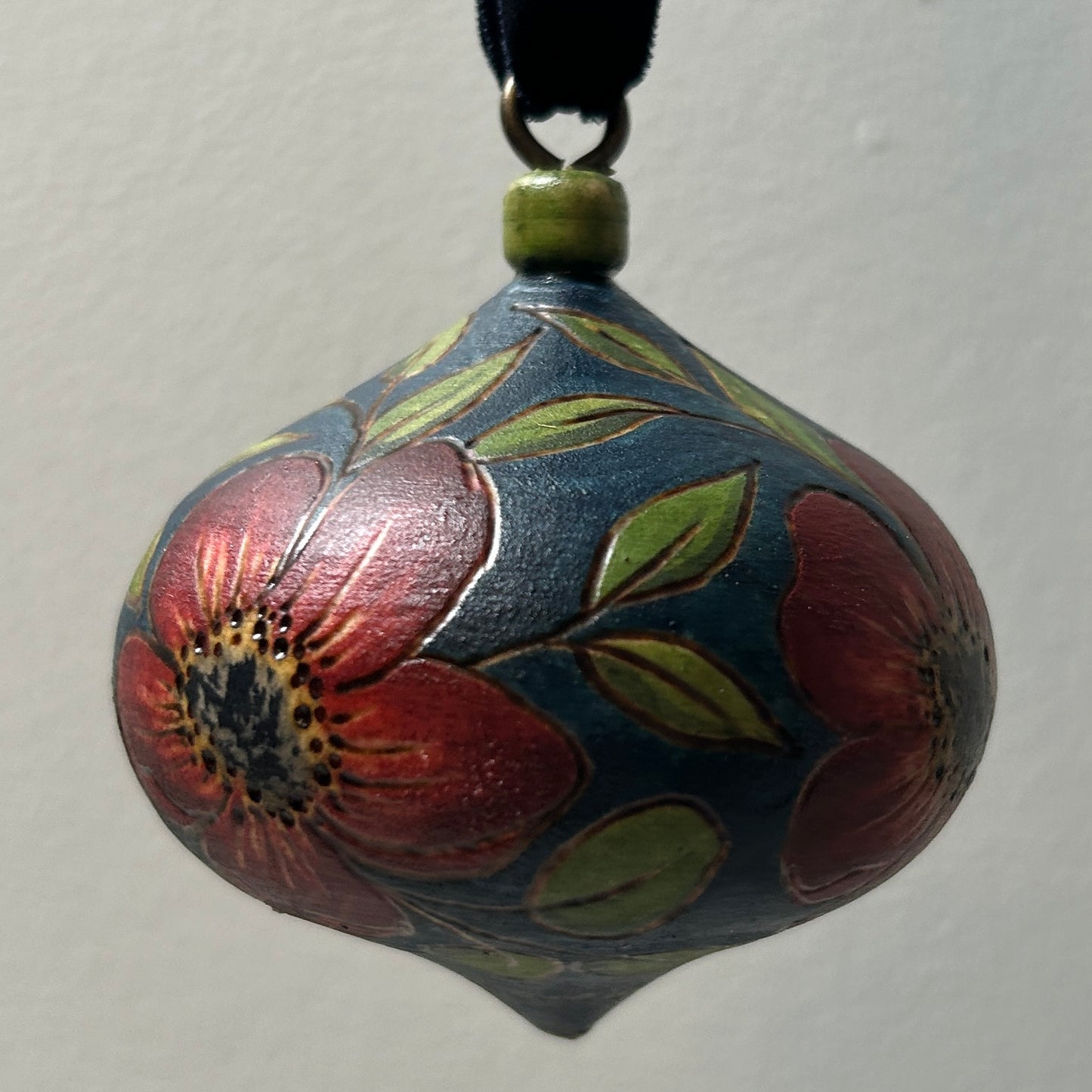 Red Floral Wood Turned Bauble Ornament