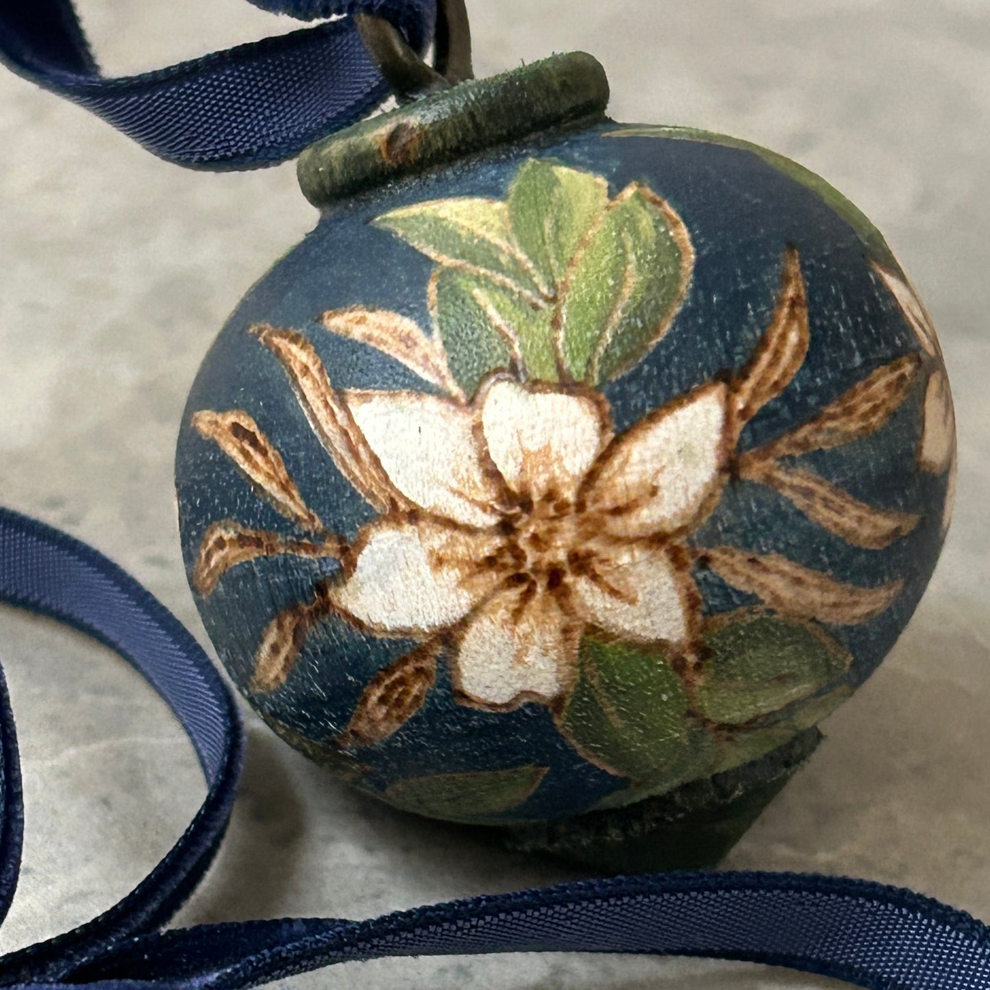 White Poinsettia Small Wood Turned Bauble Ornament