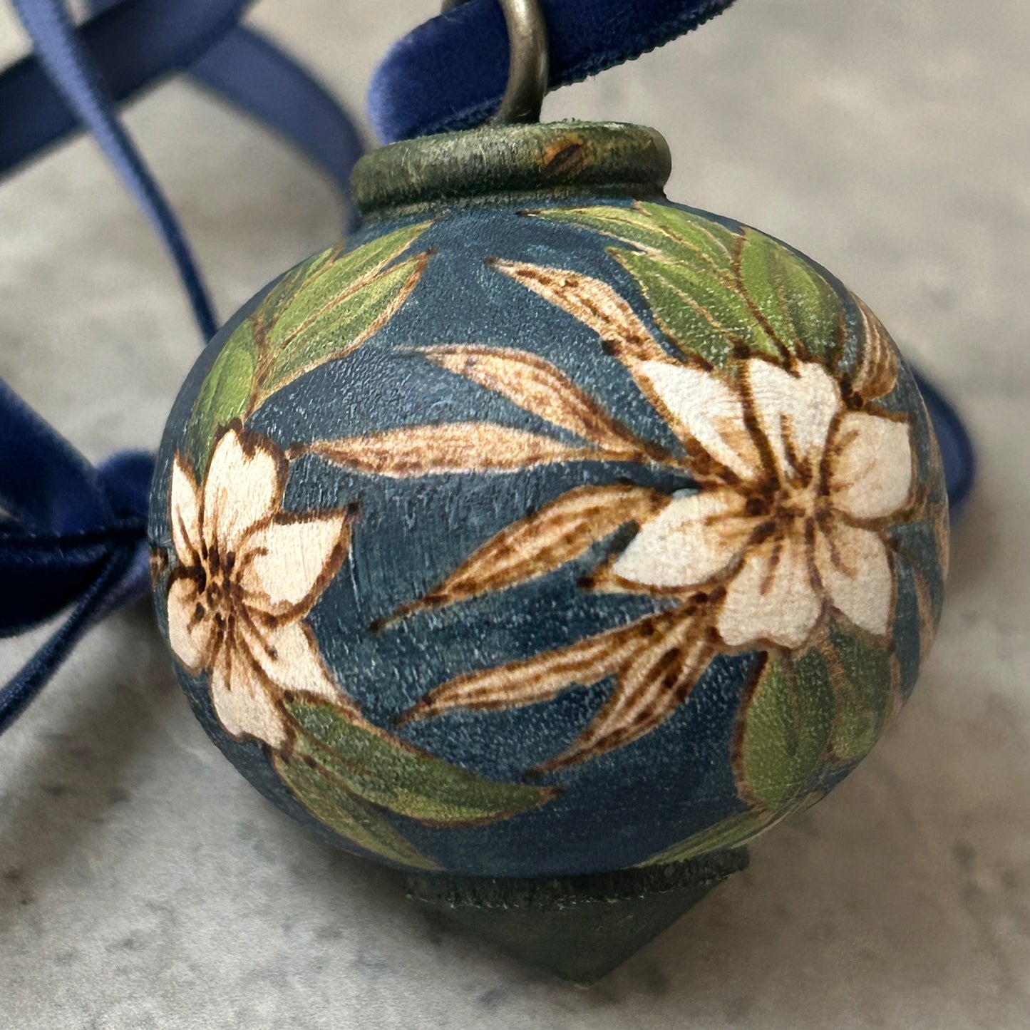 White Poinsettia Small Wood Turned Bauble Ornament