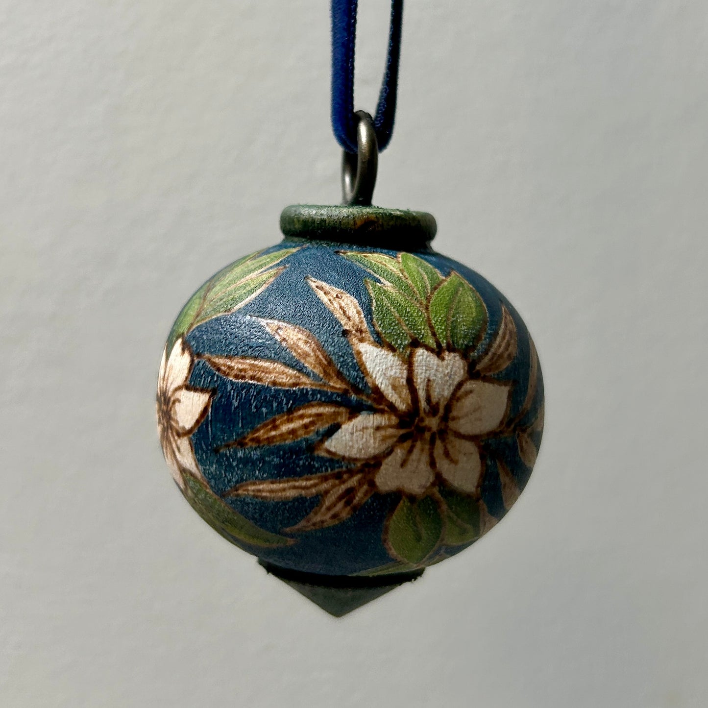 White Poinsettia Small Wood Turned Bauble Ornament