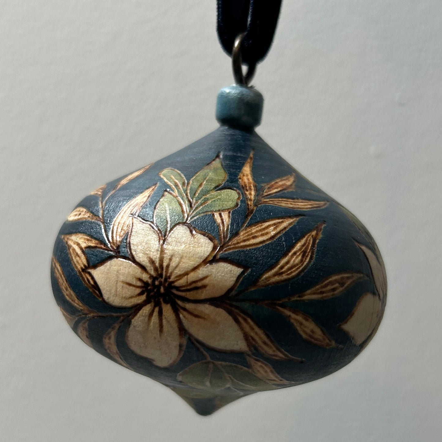 White Poinsettia Wood Turned Bauble Ornament